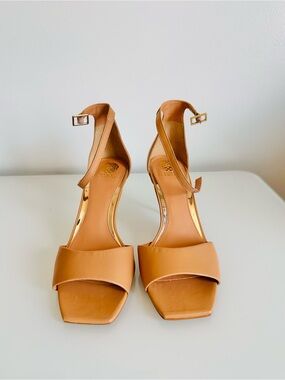Vince Camuto Tan Ankle-Strap Square-Toe Heels